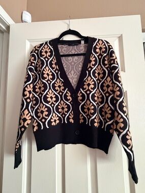 Tahari Black, Beige and White Patterned V-Neck Button Cardigan